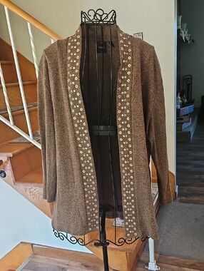 👚Rafaella Brown Gold Trim Open Cardigan